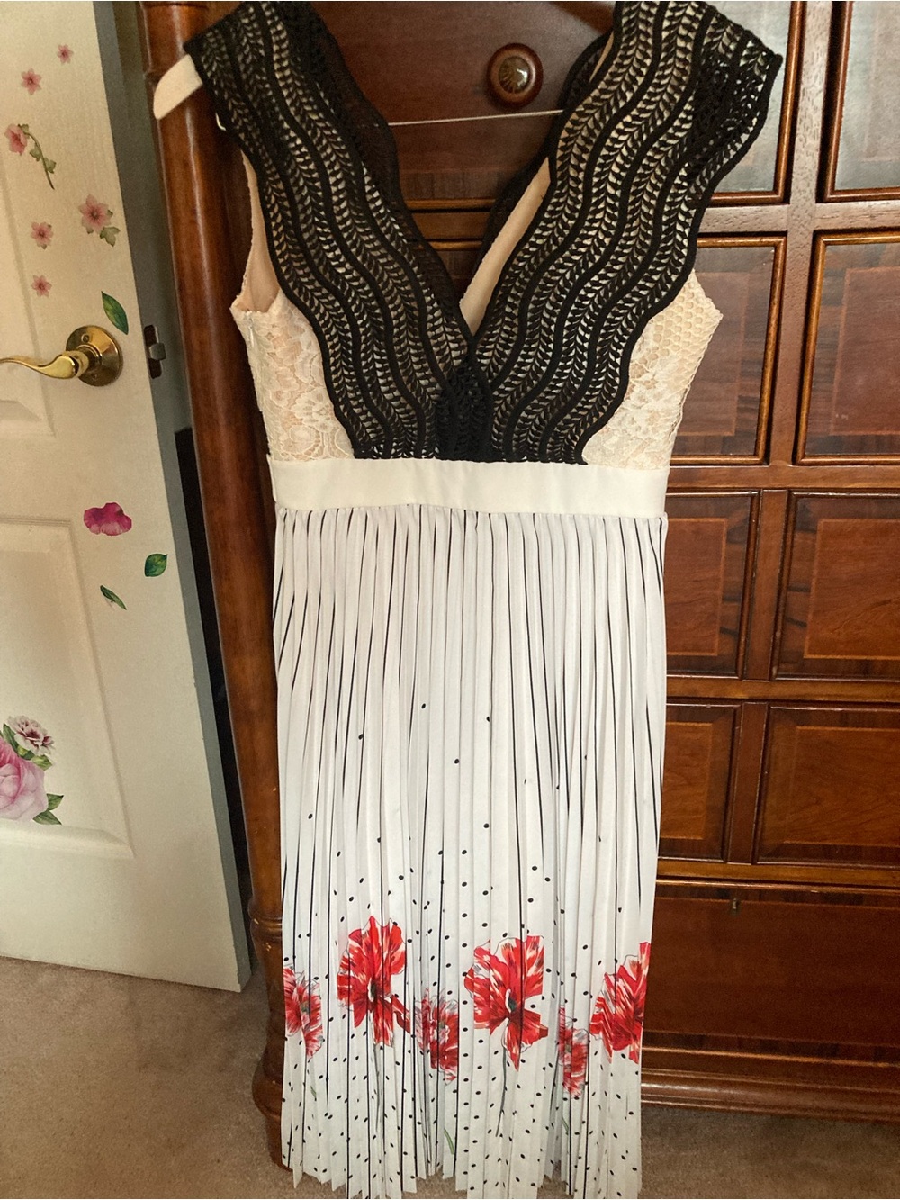 foxiedox Black Lace Bodice White Pleated Maxi with Red Floral Hem